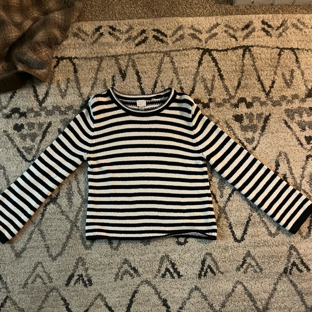 A New Day Black and White Striped Crochet Bell Sleeve Sweater